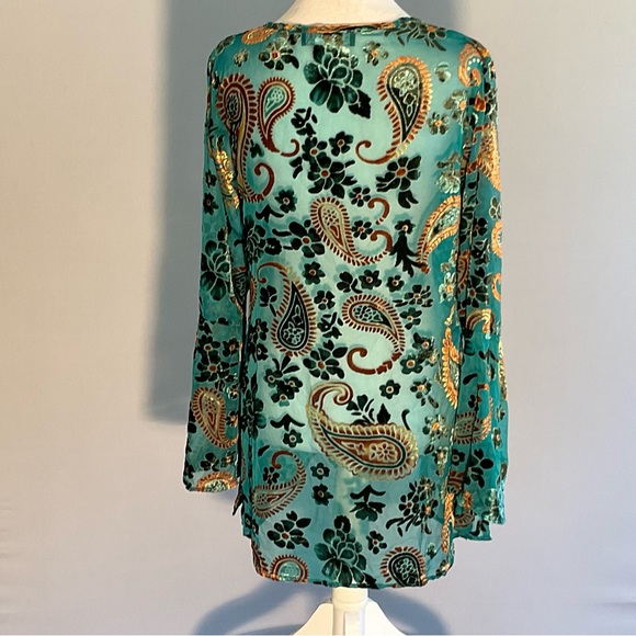 Velvet Burnout Boho Blouse Teal Paisley Tunic Festival Top S - Picture 5 of 16